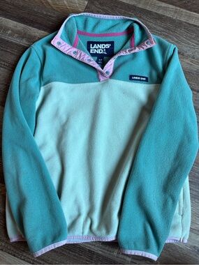 Lands' End Two-Tone Seafoam and Light Aqua Fleece Pullover with Pink Trim